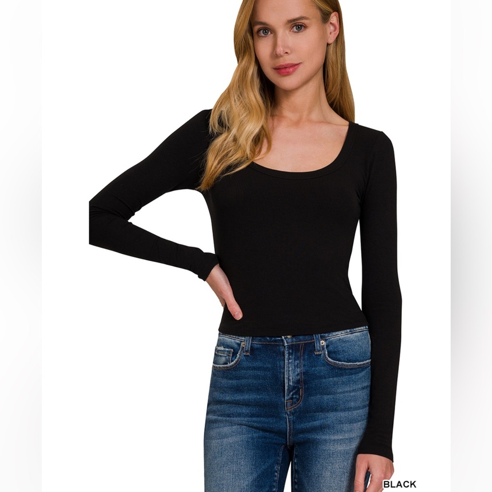 Zenana Ribbed Long Sleeve Boat Scoop Neck Black Top in large